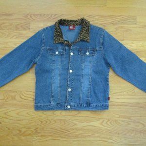 BONGO GIRL'S SIZE 18  1/2 PLUS JEAN JACKET MED BLUE SLUB STRETCH DENIM LEOPARD
